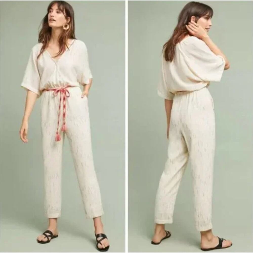ANTHROPOLOGIE Feather Bone Soleil Belted Wrap Front Stripe Jumpsuit Ivory {LL35} - Picture 1 of 7